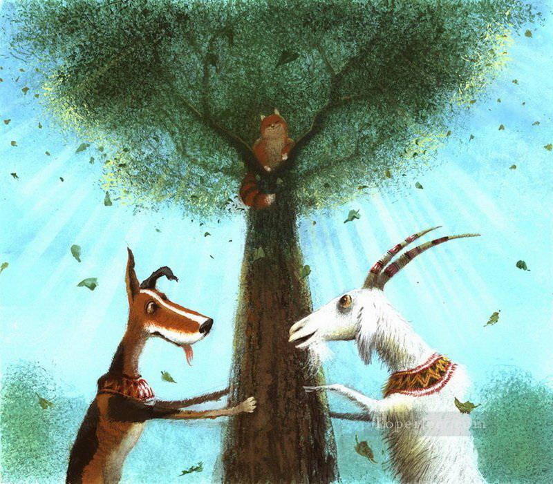 contes de fées Chien et chèvre attraper chat fantaisie Peintures à l'huile